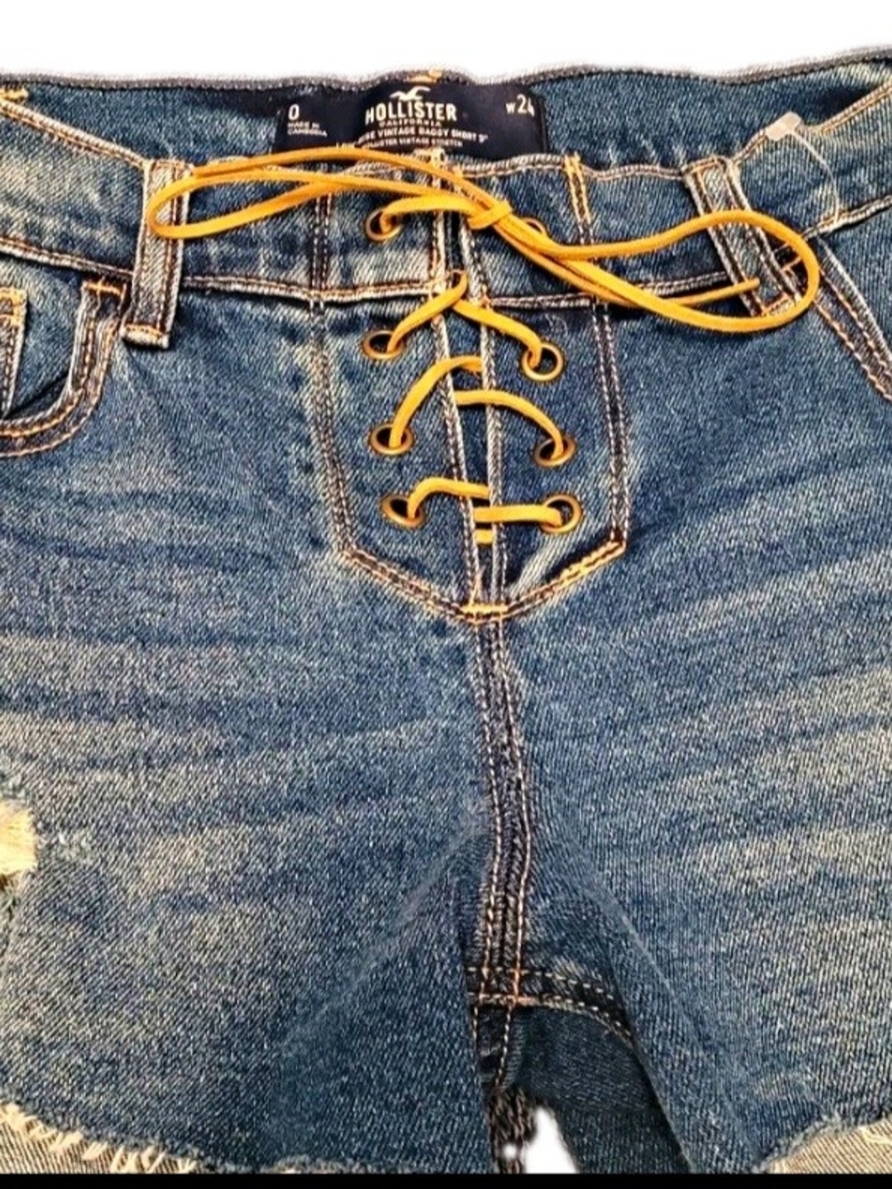 Hollister Women’s 0 W24 Dark Wash Lace Up Distressed Denim Shorts Frayed Y2K